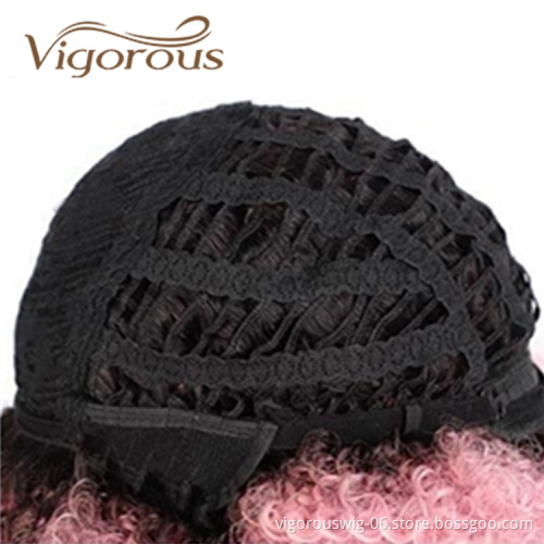Vigorous Best Selling Wholesale Cheap Price Short Kinky Curly Fluffy Ombre Pink With Bangs For Black Women Synthetic Hair Wigs